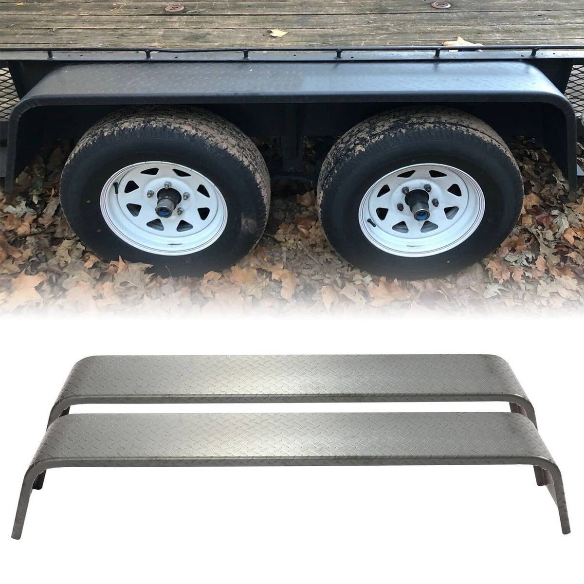 Steel diamond tread tandem trailer fenders with curved ends, mounted under a trailer