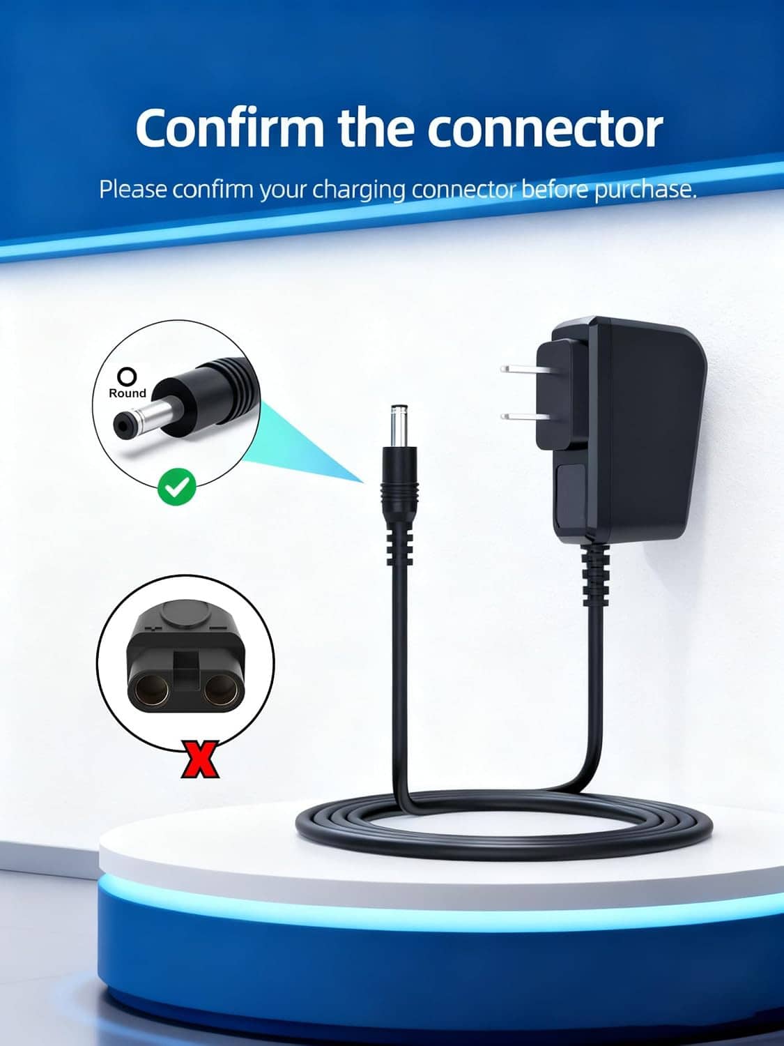 Black power adapter with DC barrel connector and long coiled charging cable