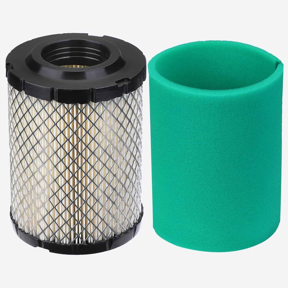 Air filter paper element with black cap and separate green foam prefilter