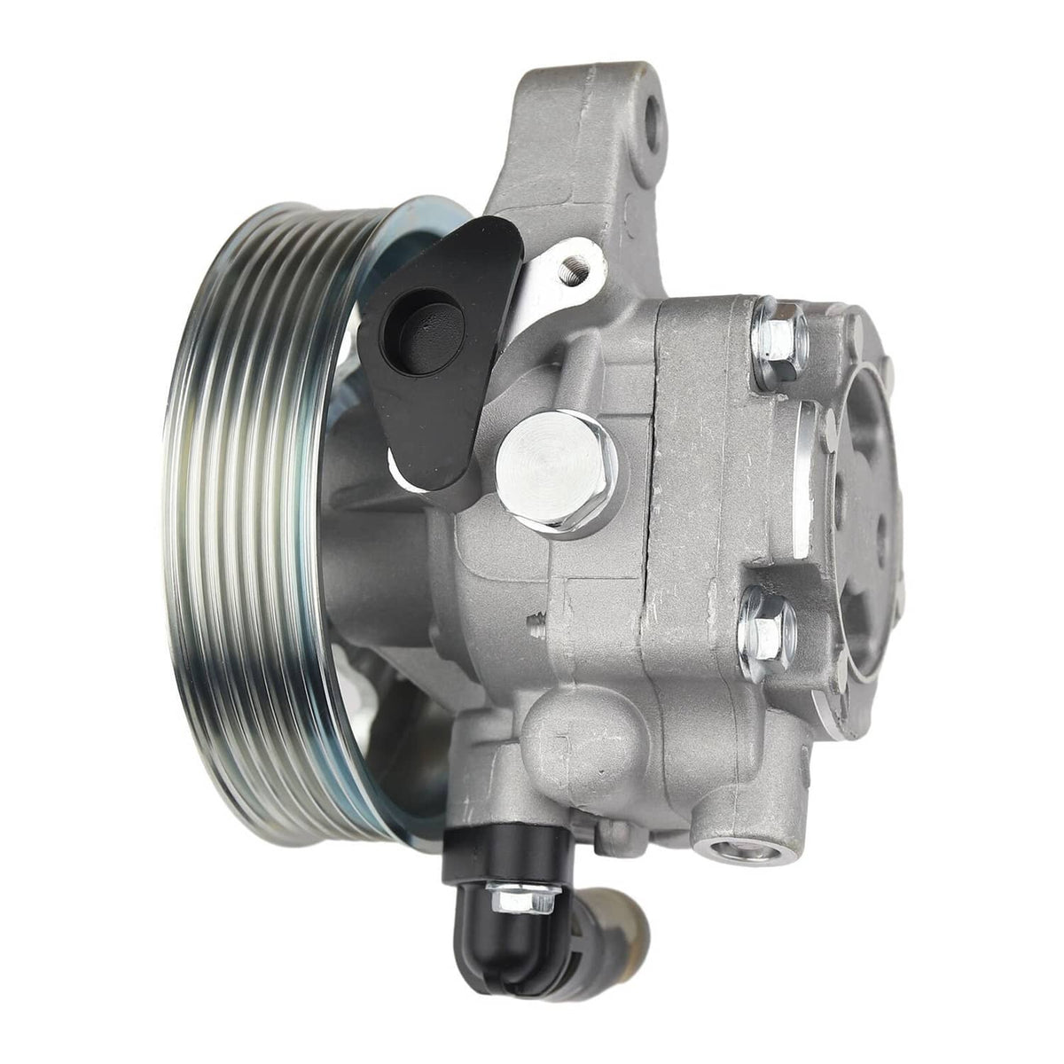 Power steering pump with pulley, side view of ribbed pulley and gray pump housing.