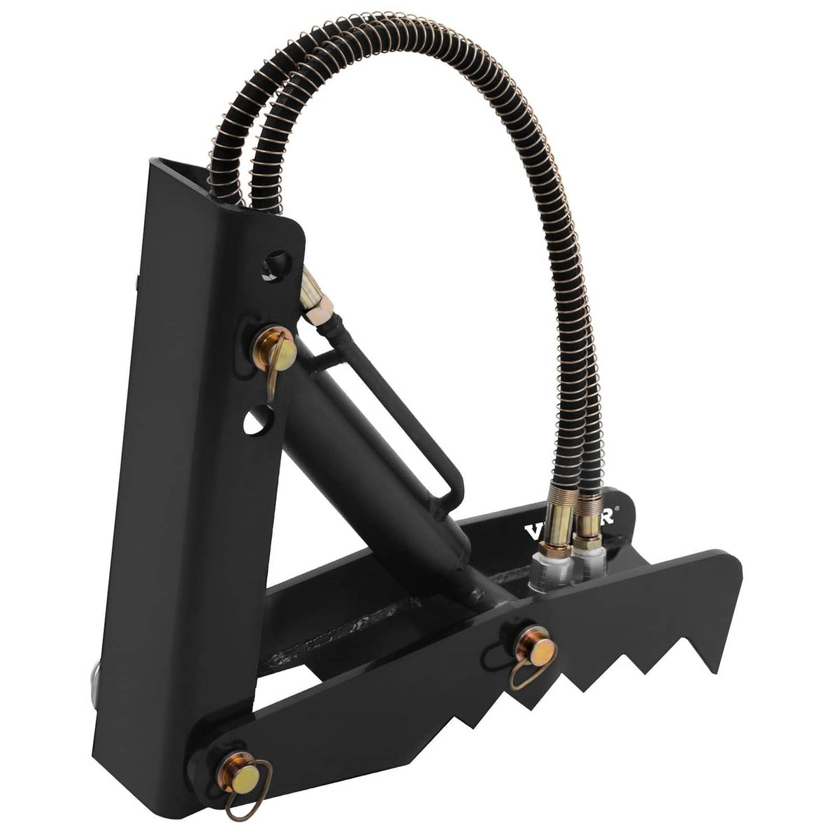 Black steel excavator thumb claw with coiled hydraulic hose and hydraulic fittings
