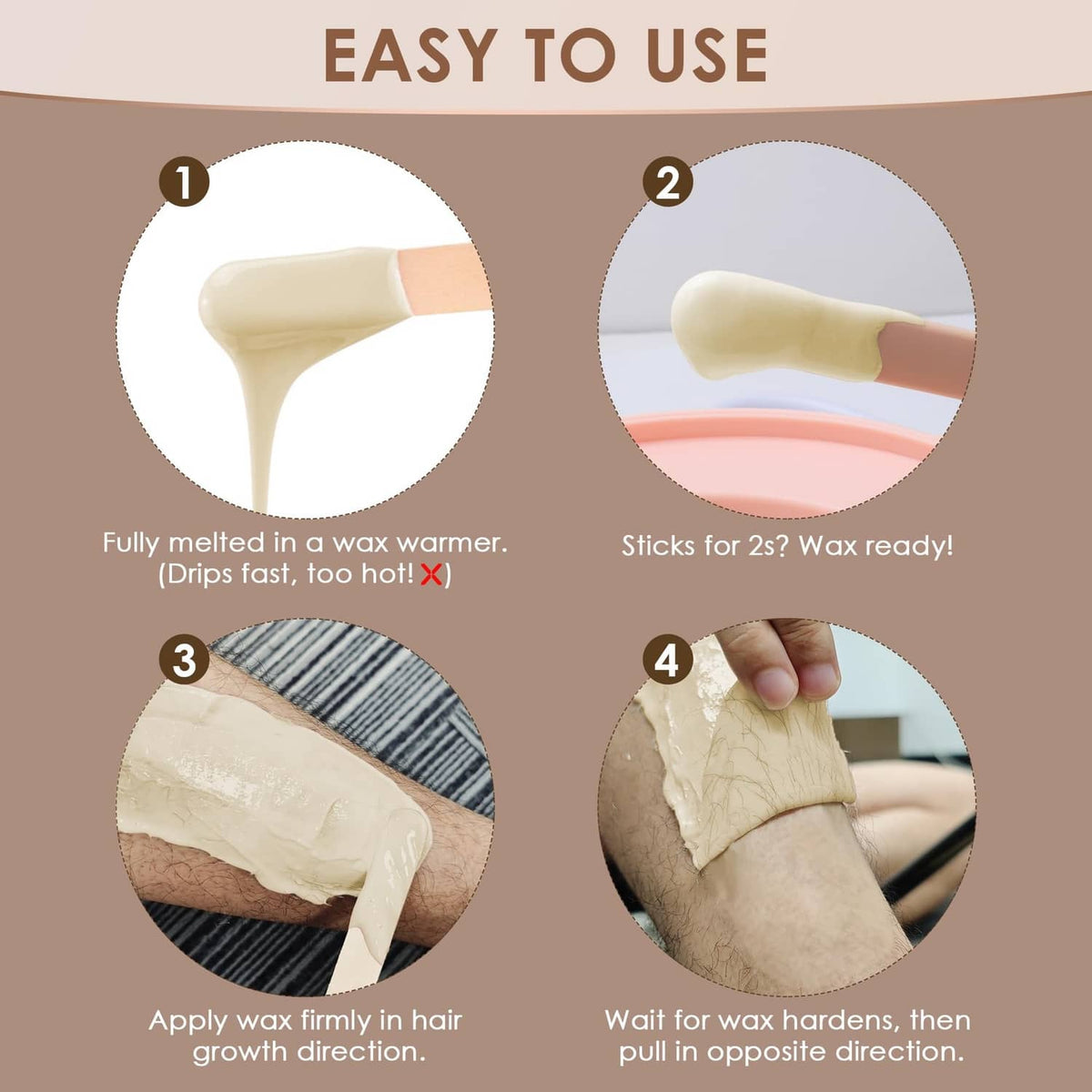 Four-step guide for hard wax use: melted wax, application, and pulling off