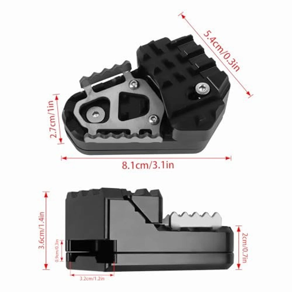 Black rear brake pedal extender, compact bracket with serrated grip and screw holes