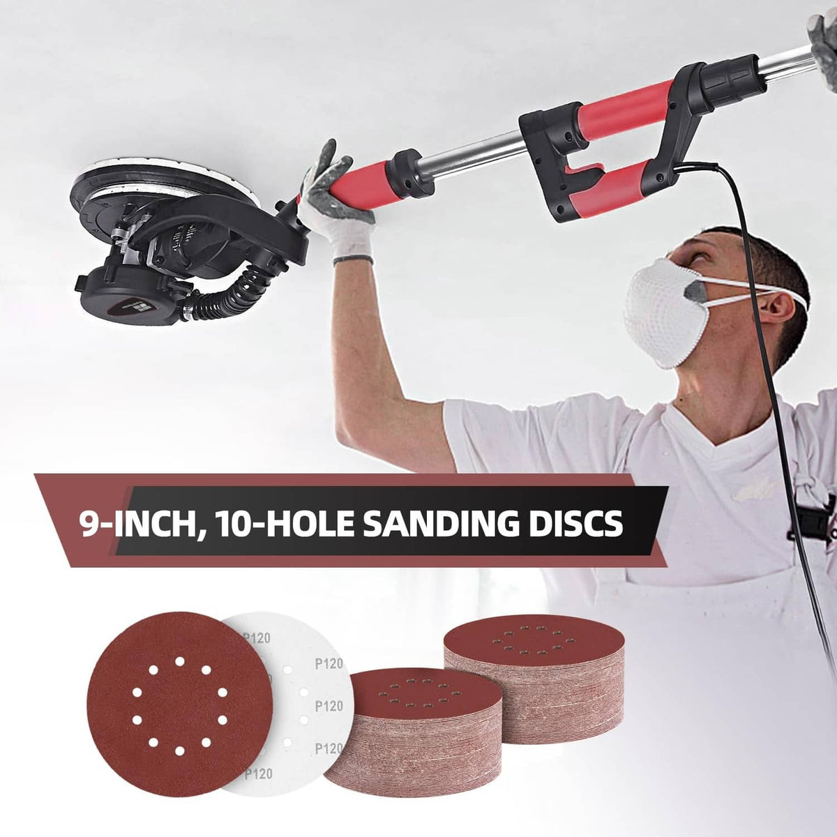 Maroon 9-inch 10-hole sanding discs shown near a sanding tool