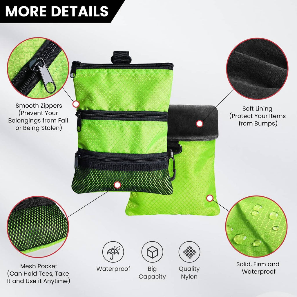 Green golf pouch bag close-up of smooth zippers and mesh pocket with protective lining