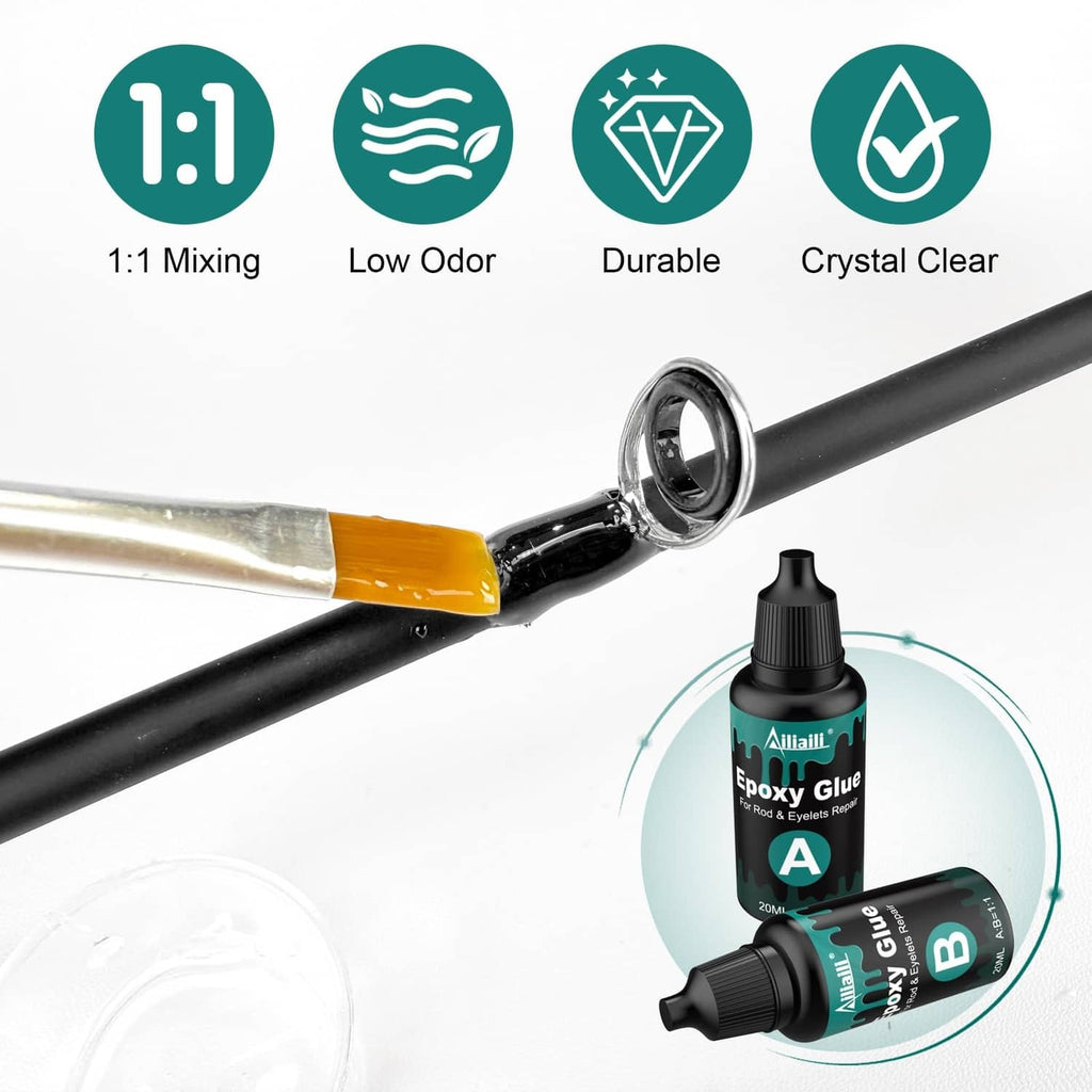 Fishing rod tip ring guide on black rod with epoxy glue bottle and applicator