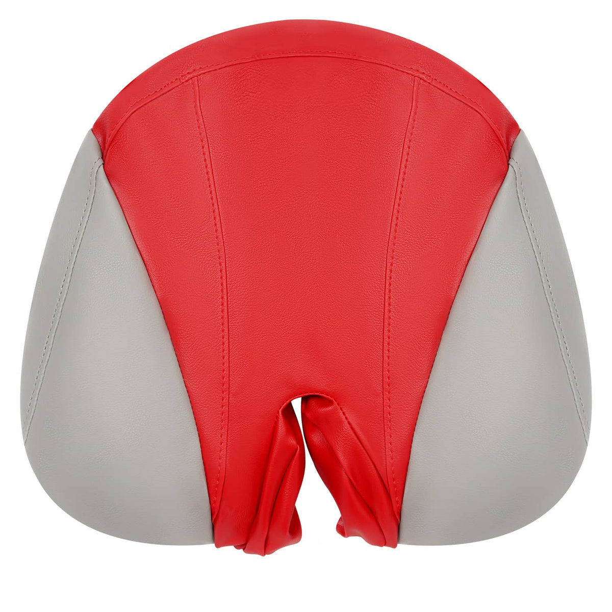 Red seat cover with gray side panels, curved back, and center grommet opening