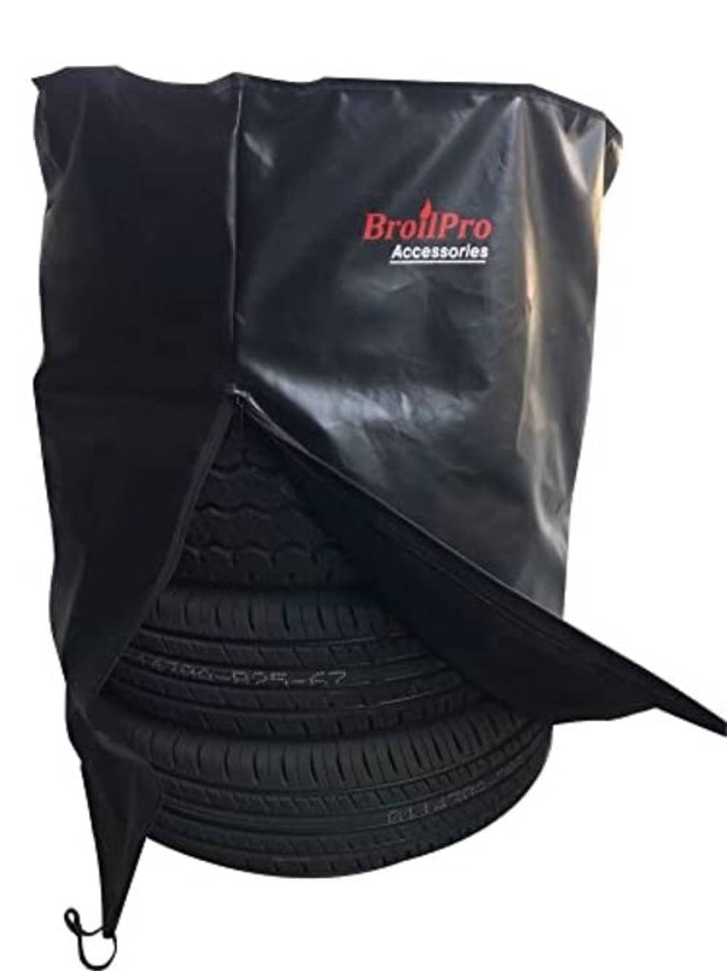 Black tire cover with BrotiPro Accessories logo, side flap, and drawstring loops