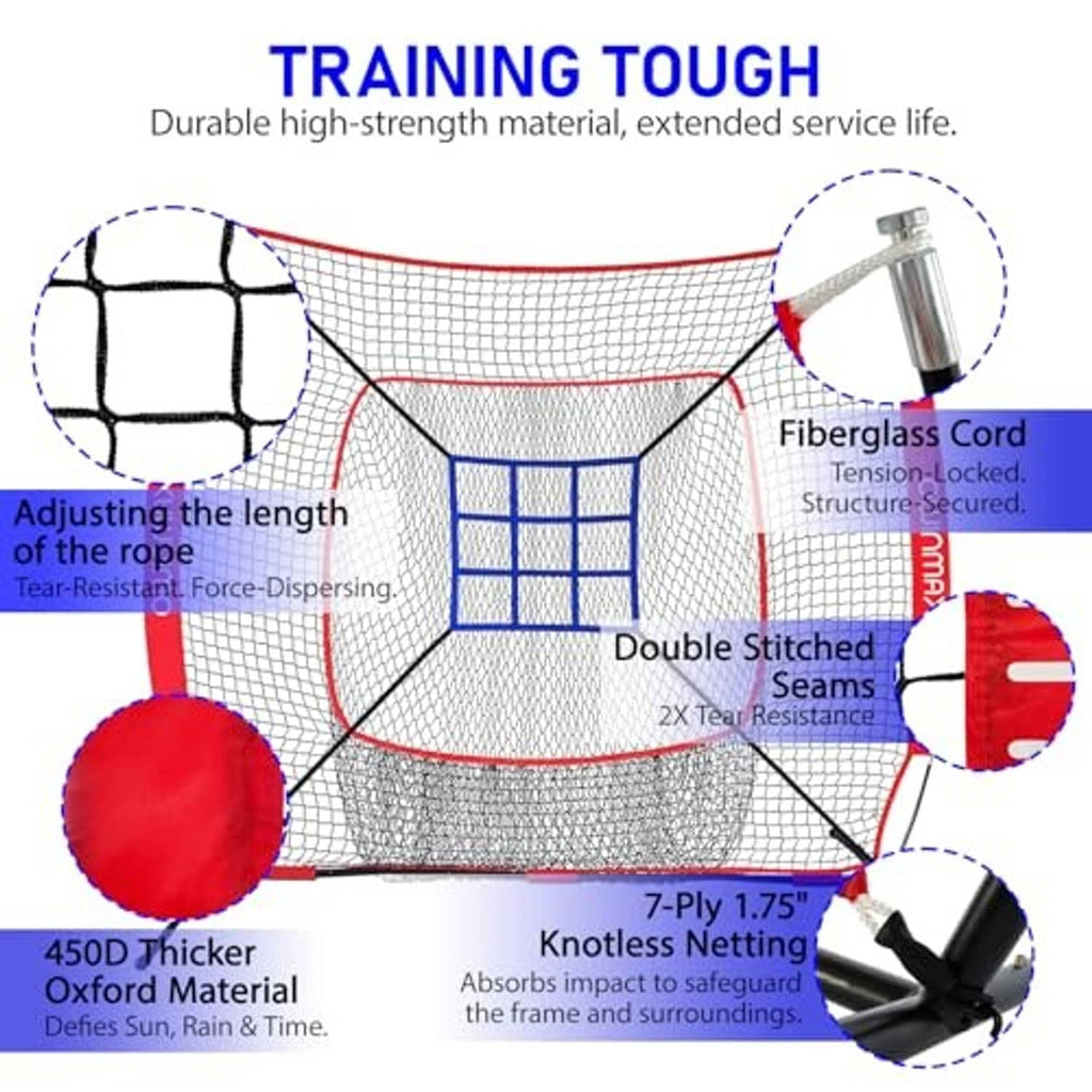 Baseball practice net with reinforced seams, red frame, white mesh and blue target panel