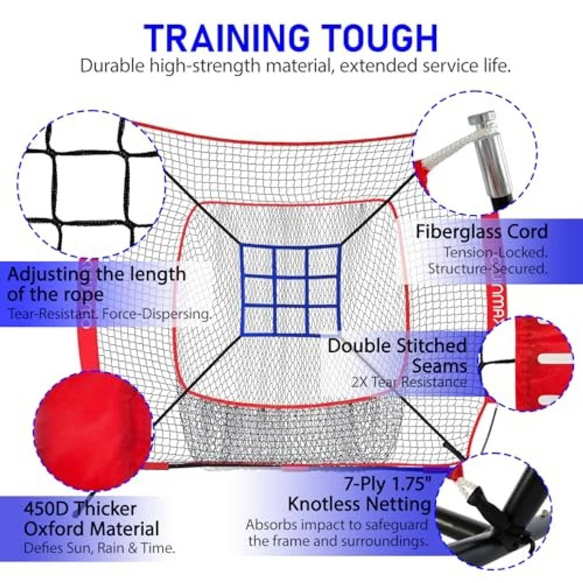 Baseball practice net with reinforced seams, red frame, white mesh and blue target panel