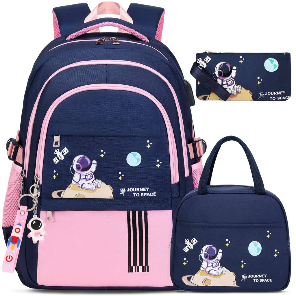 Navy and pink astronaut-themed school backpack with matching insulated lunch bag