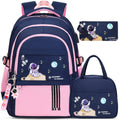 Navy and pink astronaut-themed school backpack with matching insulated lunch bag