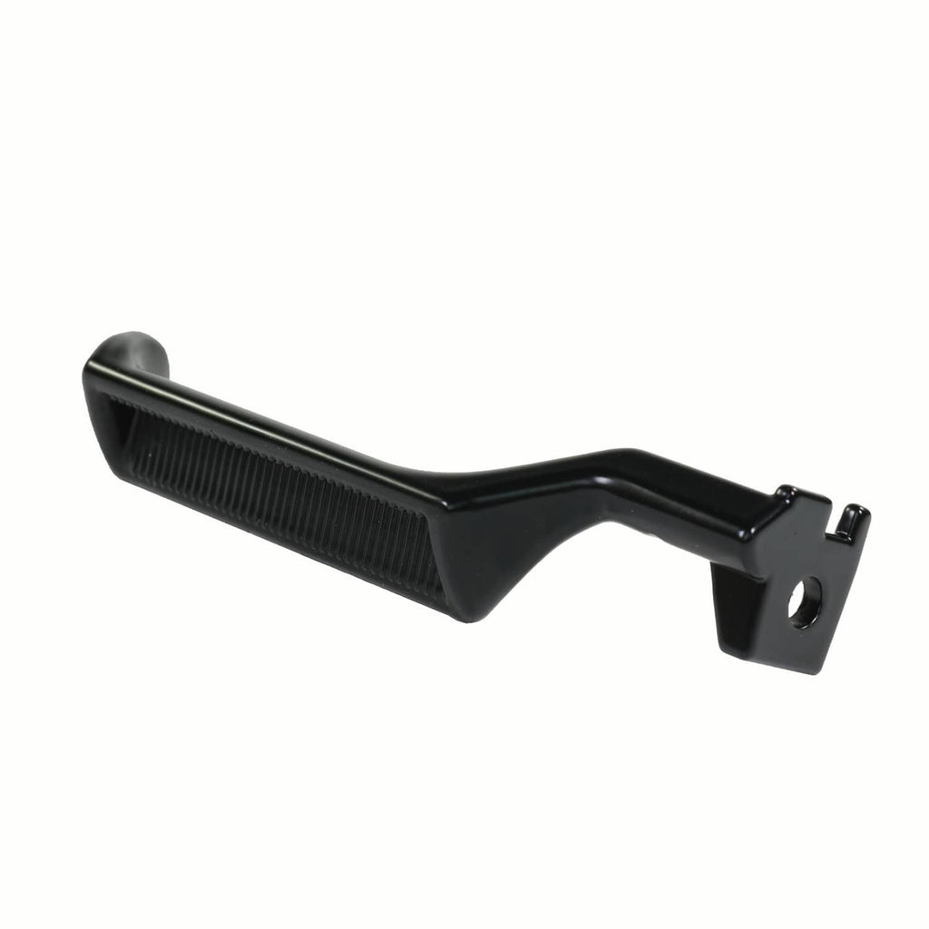 Black metal inside door handle with textured grip and mounting tab