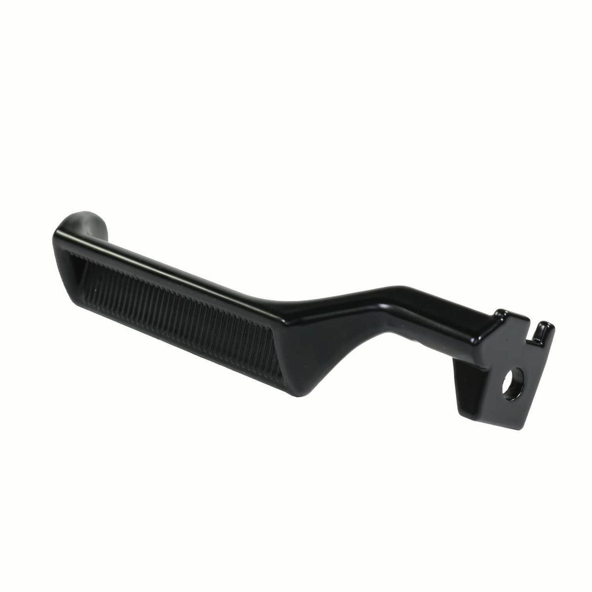 Black metal inside door handle with textured grip and mounting tab