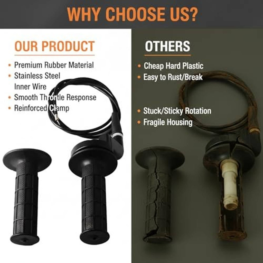 Throttle grips and cable set with reinforced clamp and smooth-rotating throttle tube