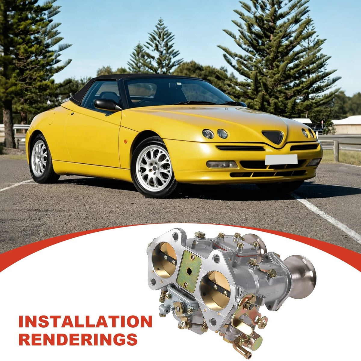 Carburetor installation rendering with twin air horns and mounting flanges