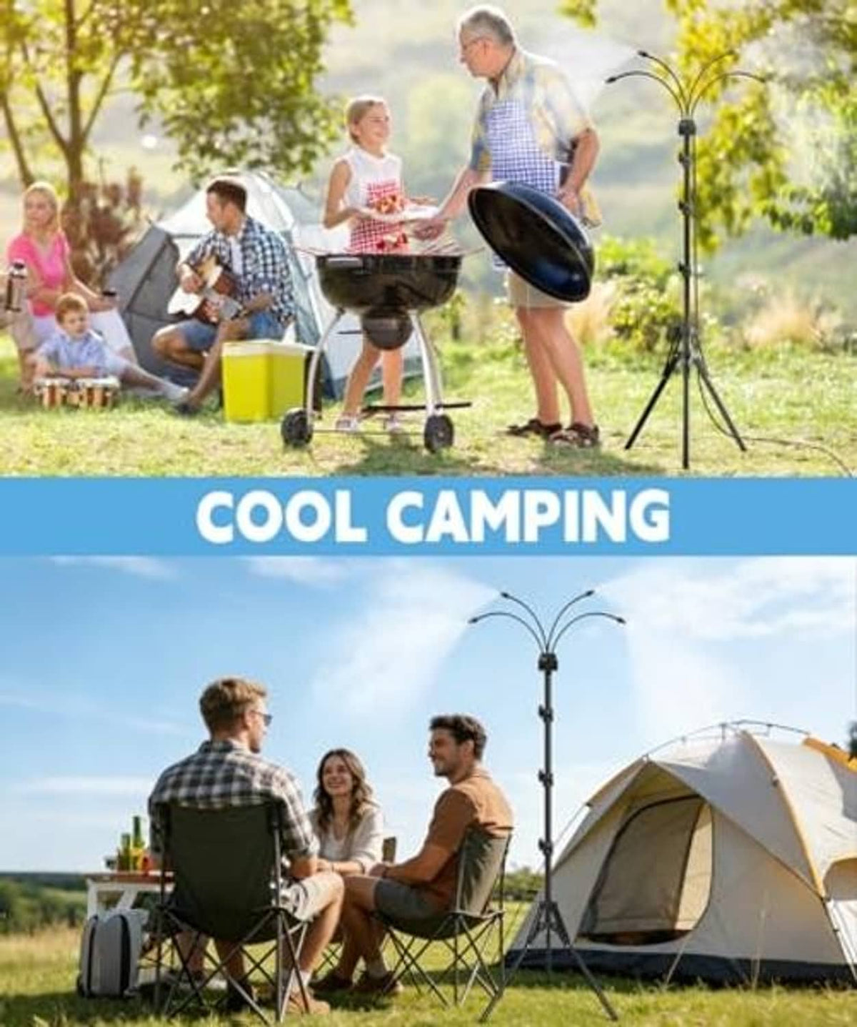 Outdoor standing mister for camping with tall tripod and multiple spray nozzles