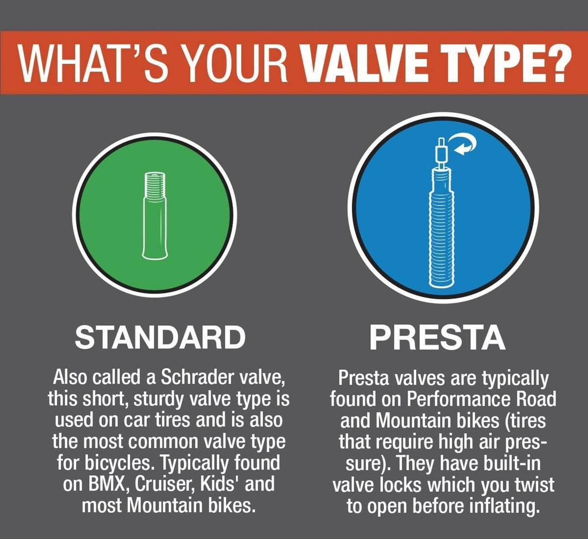 Valve type guide graphic showing Standard and Presta valve descriptions