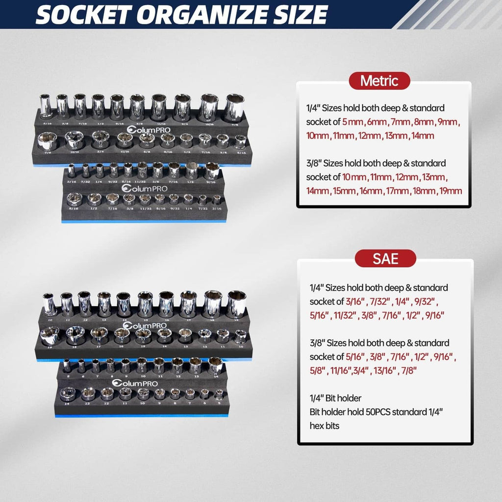 Two foam socket organizer trays with chrome sockets arranged by size