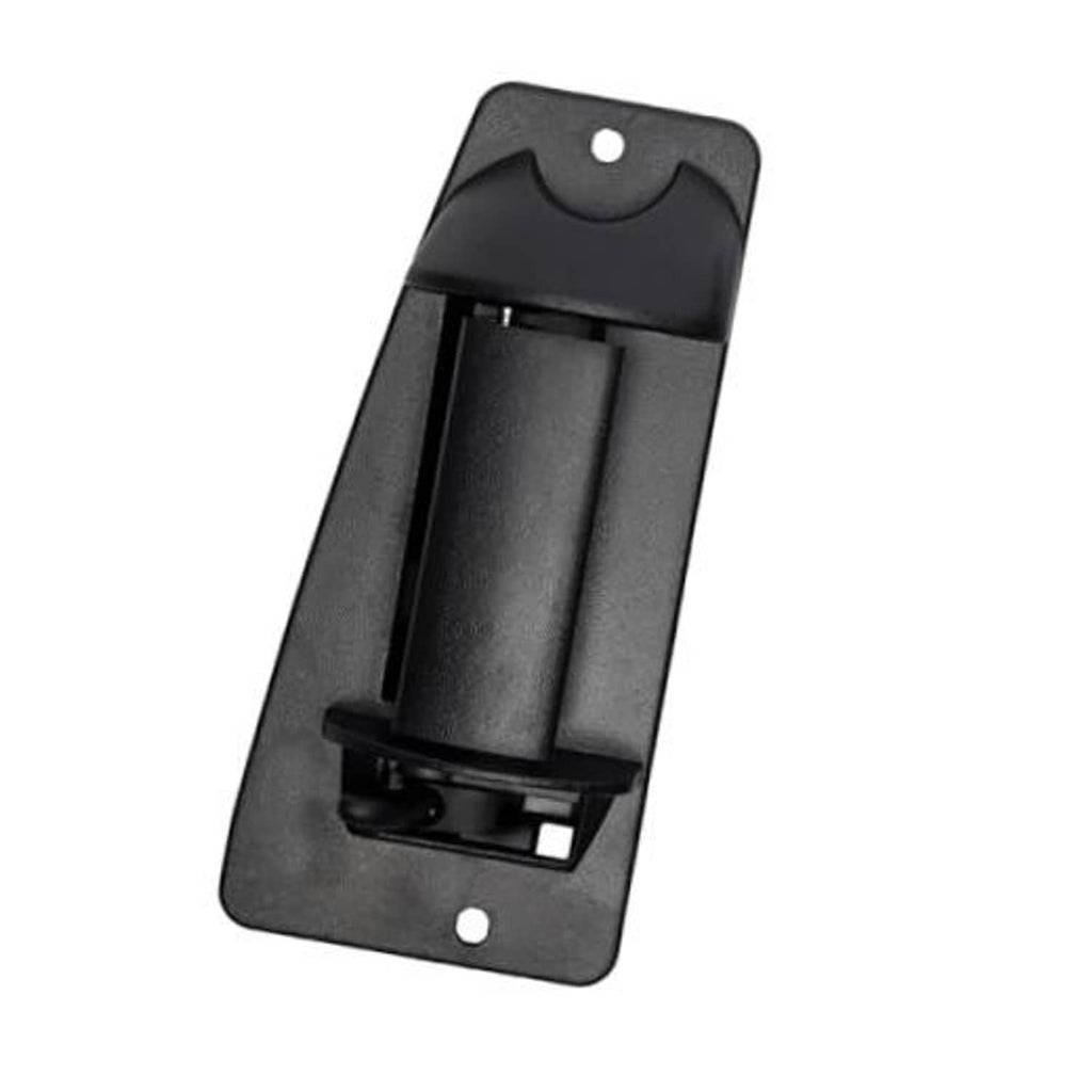 Black exterior door handle latch bezel with mounting holes, textured plastic