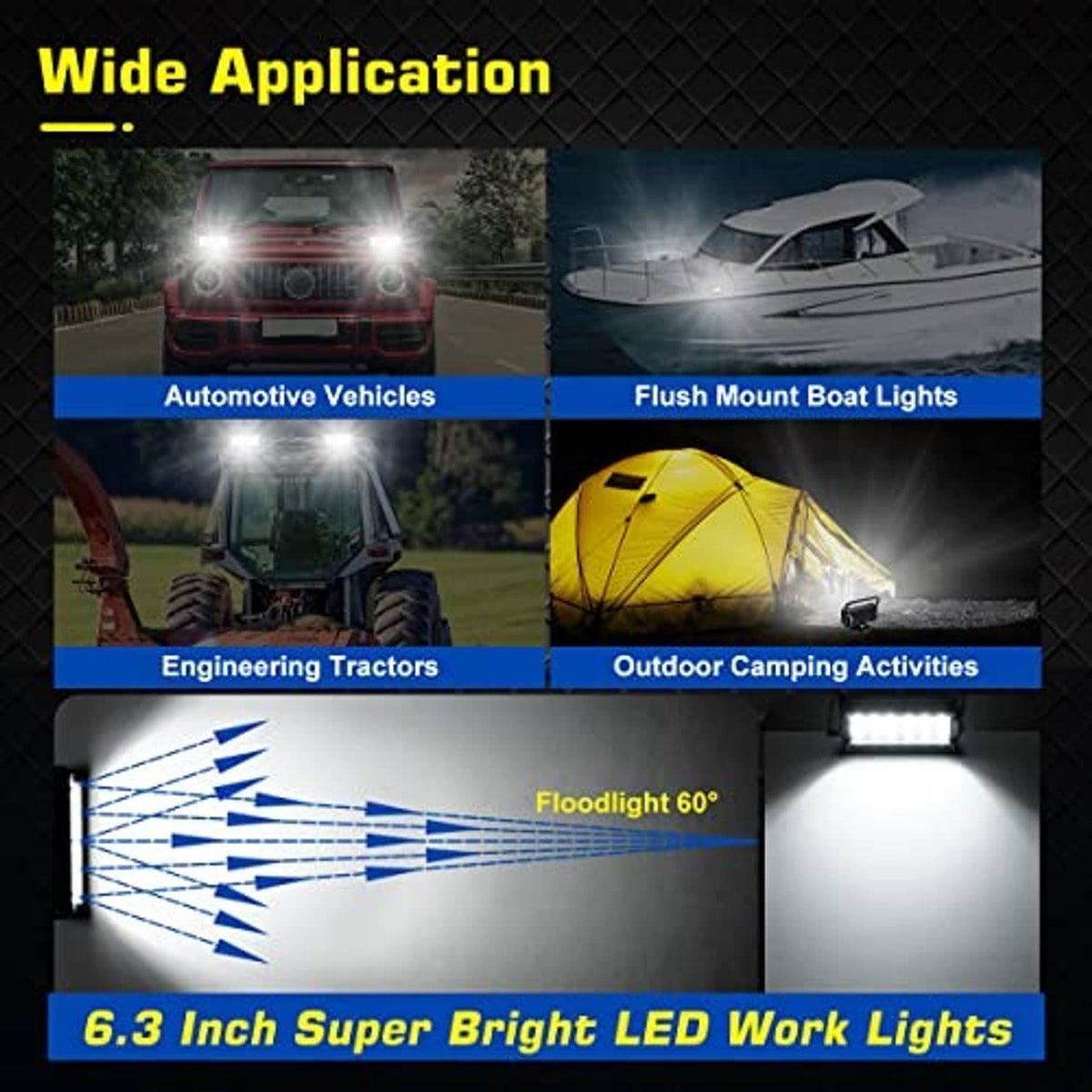Portable LED work light with wide flood beam for vehicles and outdoor use