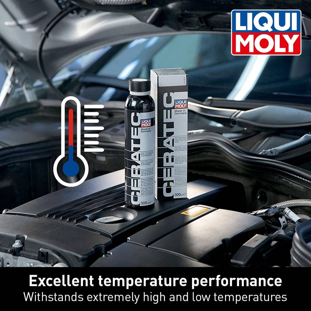 Liqui Moly oil additive bottle on car engine cover, black cap, silver-gray label