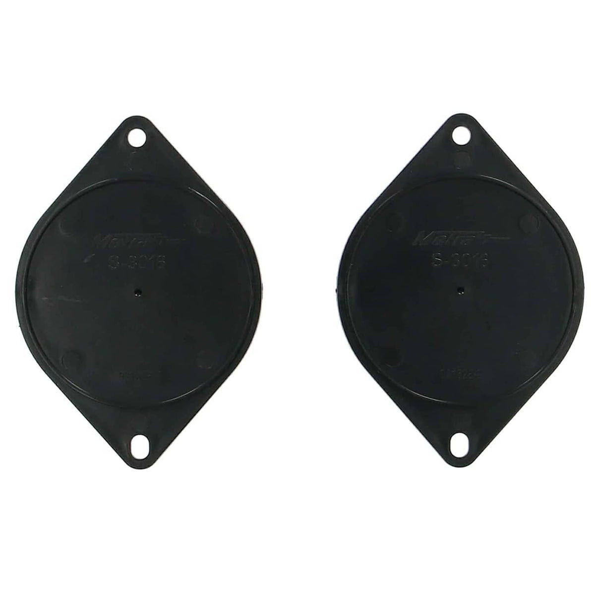 Two black rubber speaker mounting pads with center screw holes and back markings