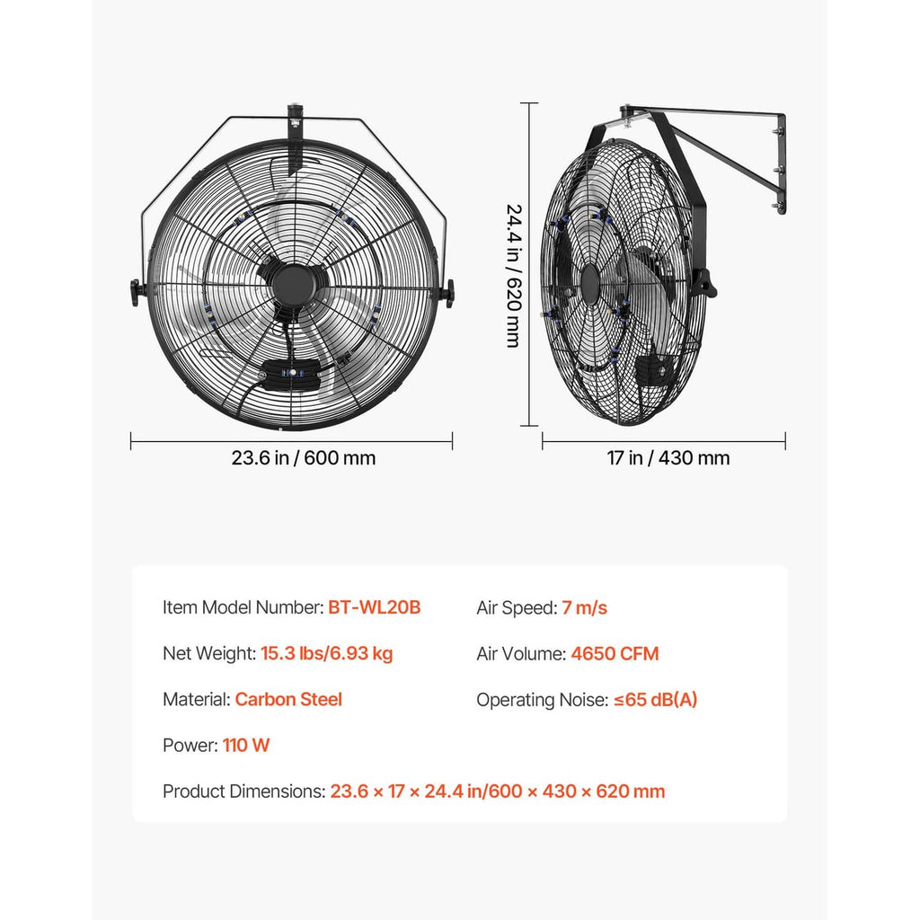 Wall-mounted 20 inch mist fan showing size dimensions and mounting bracket