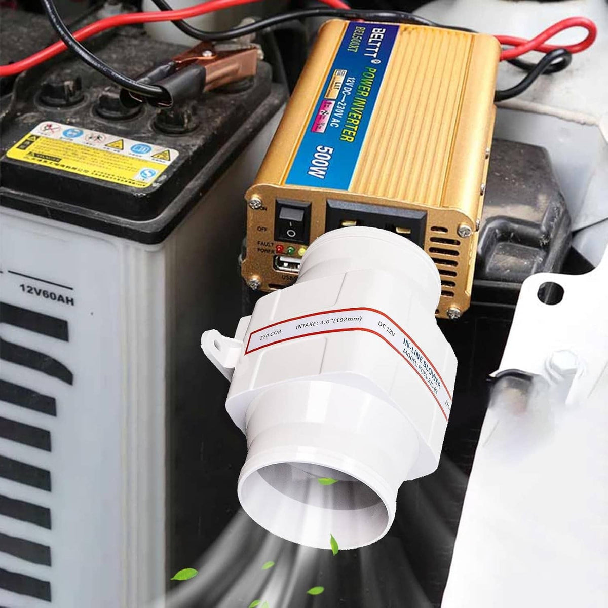 In-line bilge air blower connected to a battery with red and black power wires