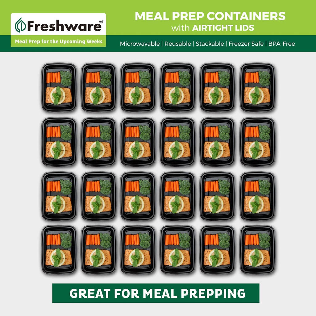 Grid of black 1-compartment meal prep containers with airtight lids, 150 pack