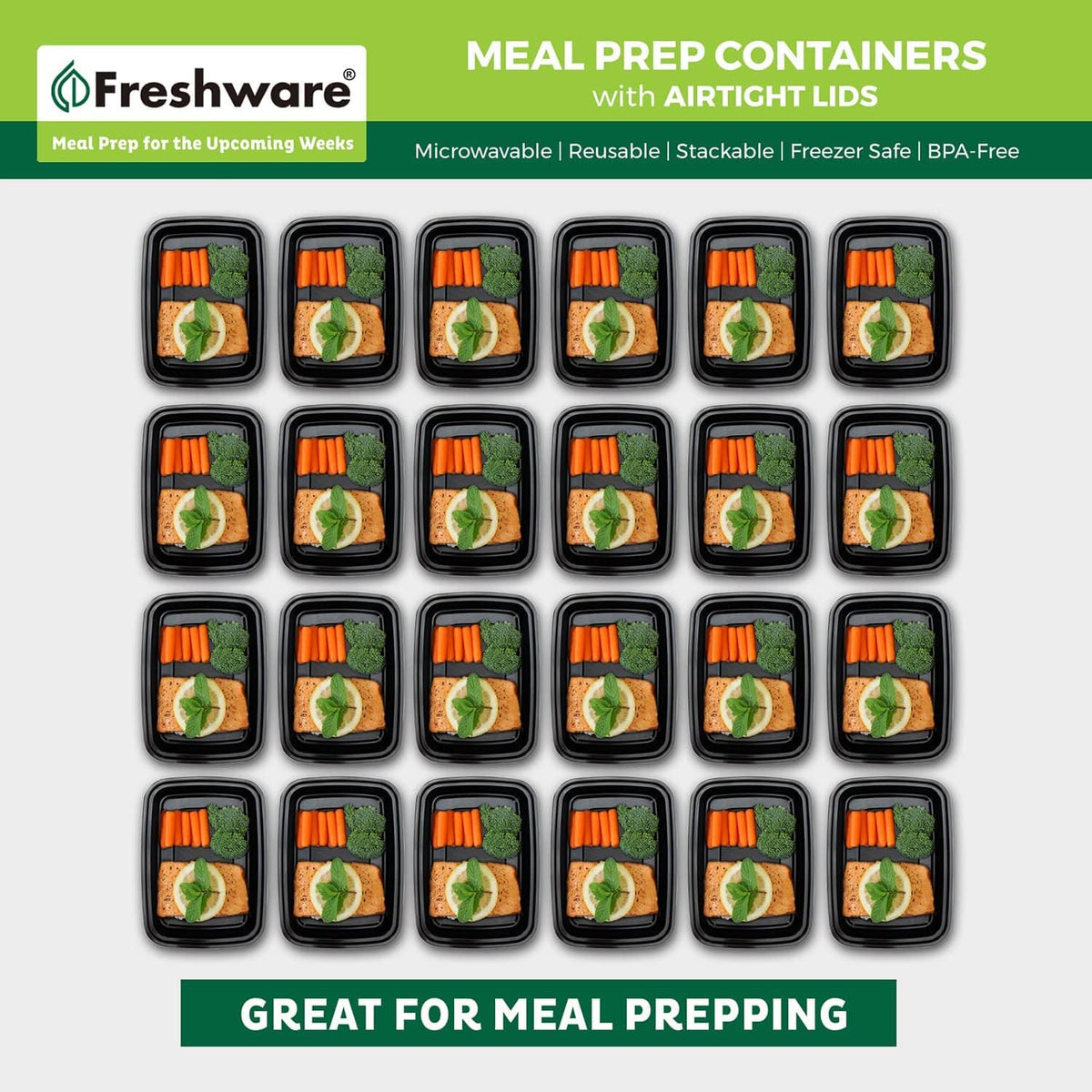 Grid of black 1-compartment meal prep containers with airtight lids, 150 pack