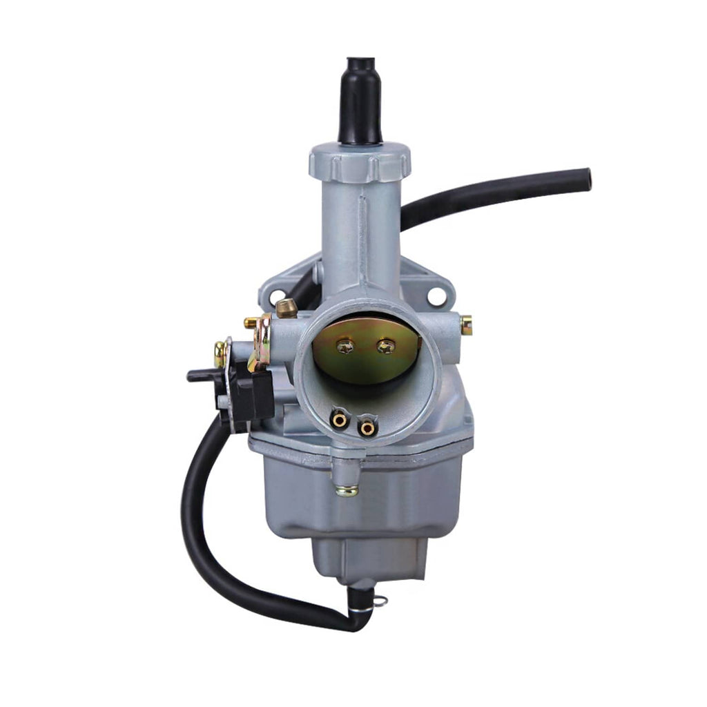 Motorcycle carburetor assembly with round intake throat, brass fittings, black hoses
