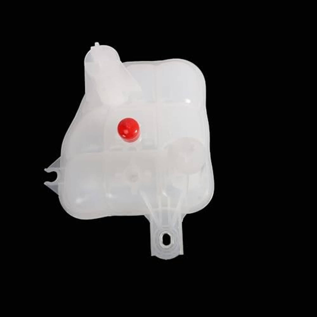 Engine coolant reservoir, white tank with red button on front and mounting base