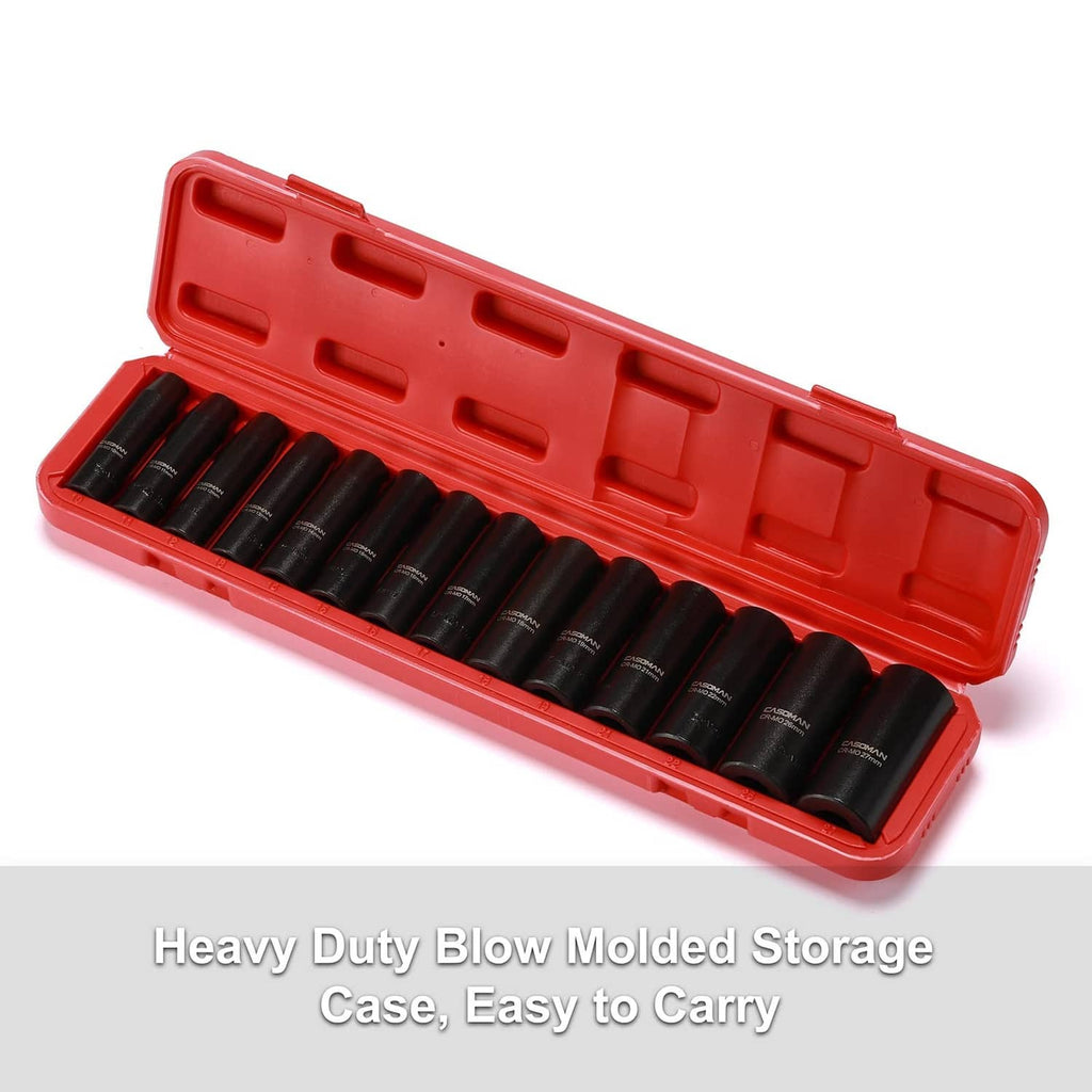 Red hard storage case with black deep impact sockets for easy carrying