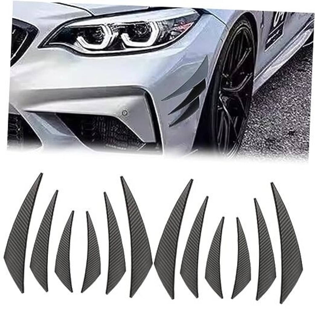 12-piece carbon-fiber-look front bumper canard spoiler set, black pointed fins