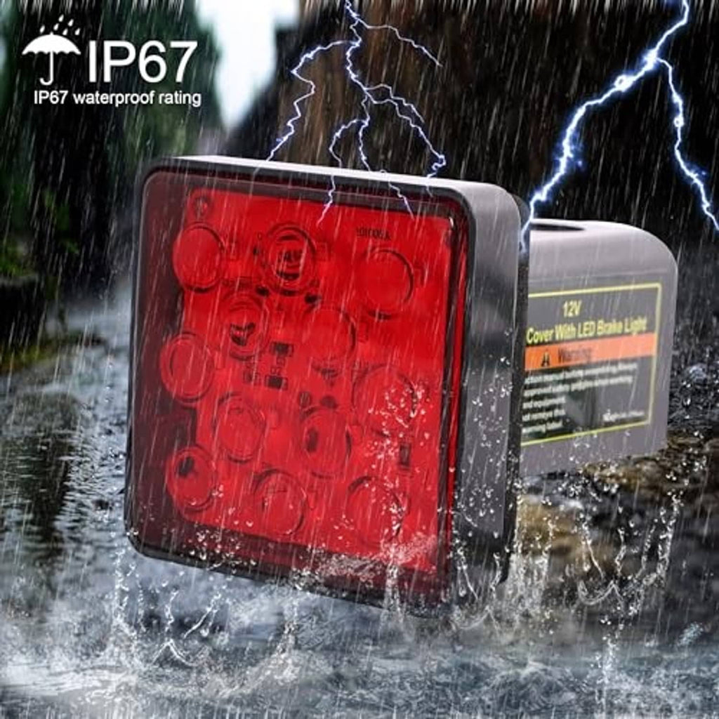 Weatherproof black hitch cover brake light with red LED lens, 12 light dots