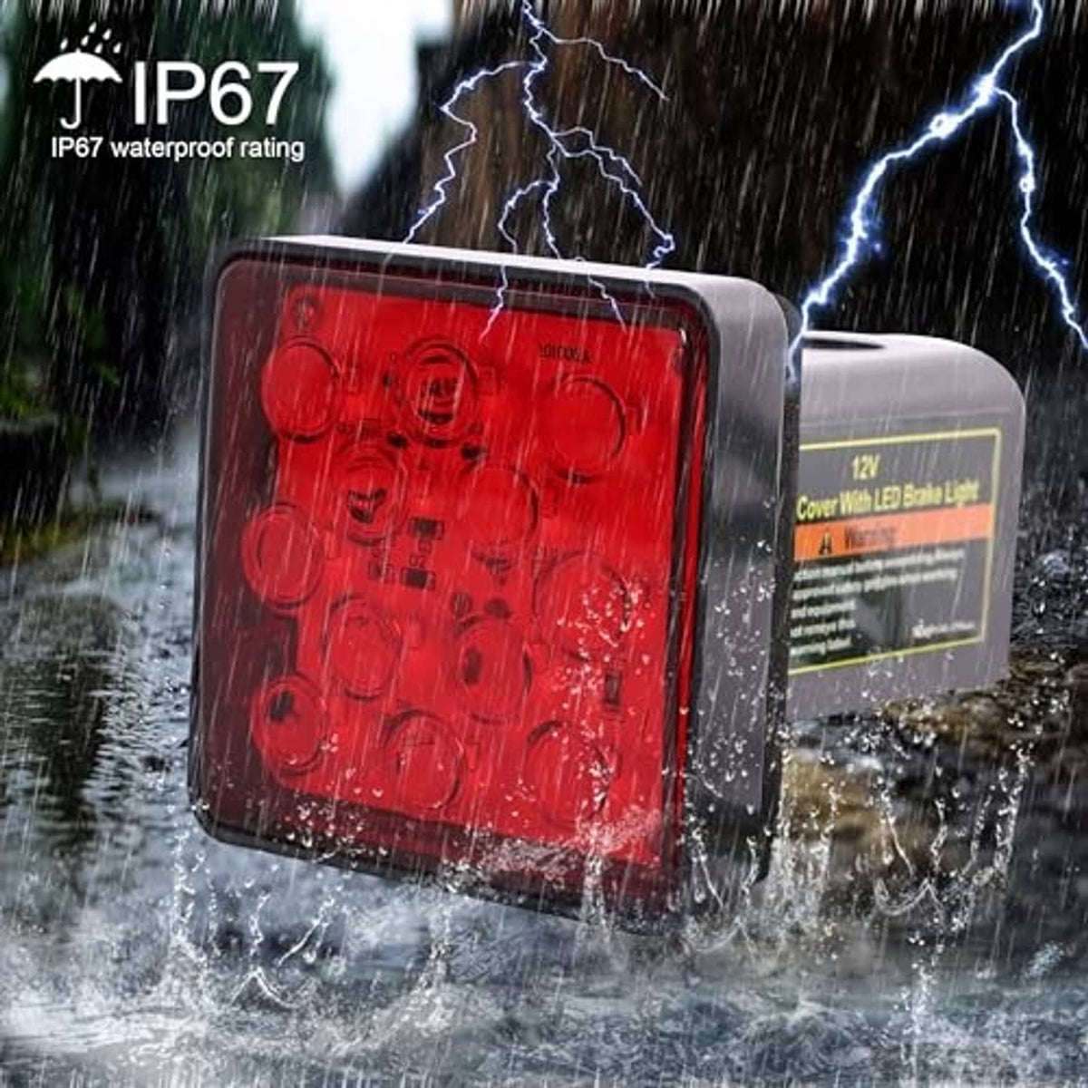 Weatherproof black hitch cover brake light with red LED lens, 12 light dots