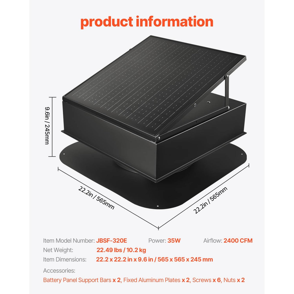 Solar attic exhaust fan dimensions diagram with black housing and tilt solar panel