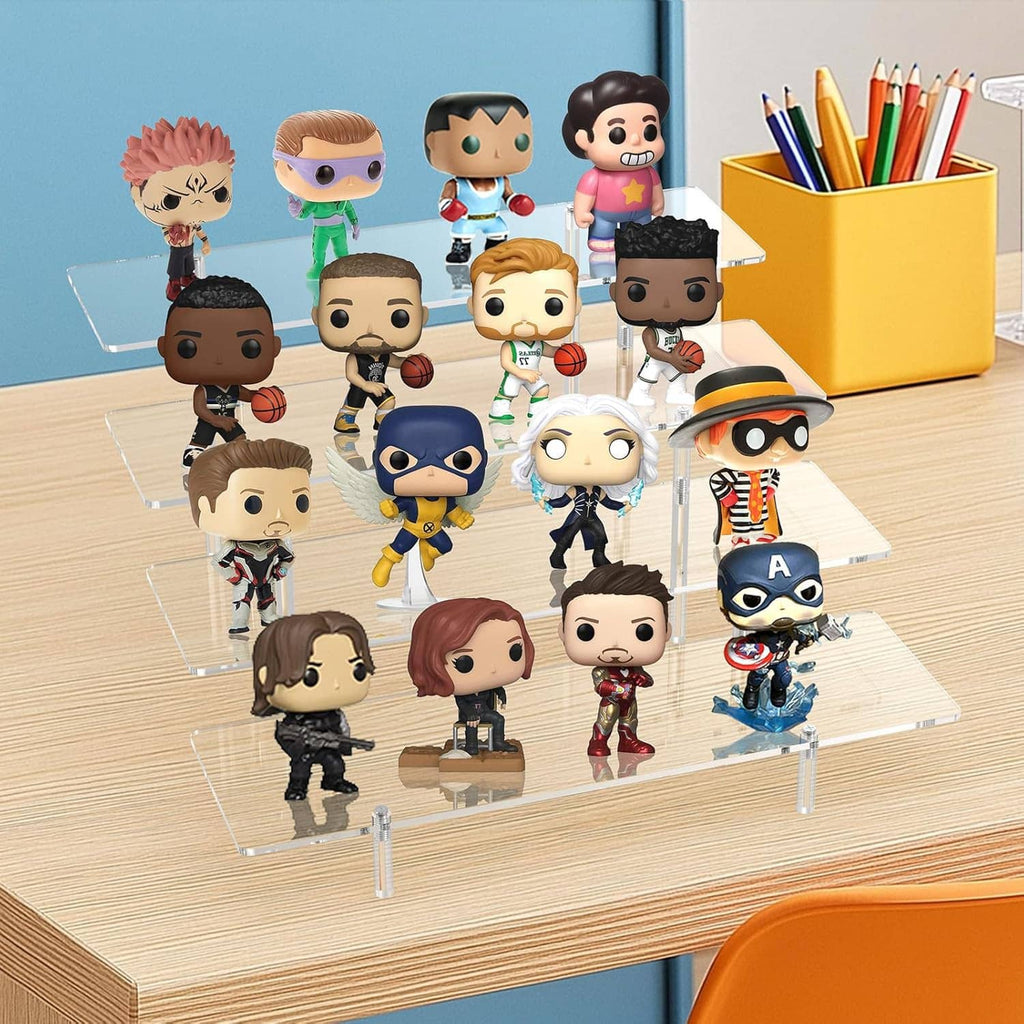 Clear 4-tier acrylic display stand with vertical posts, used to showcase small items.