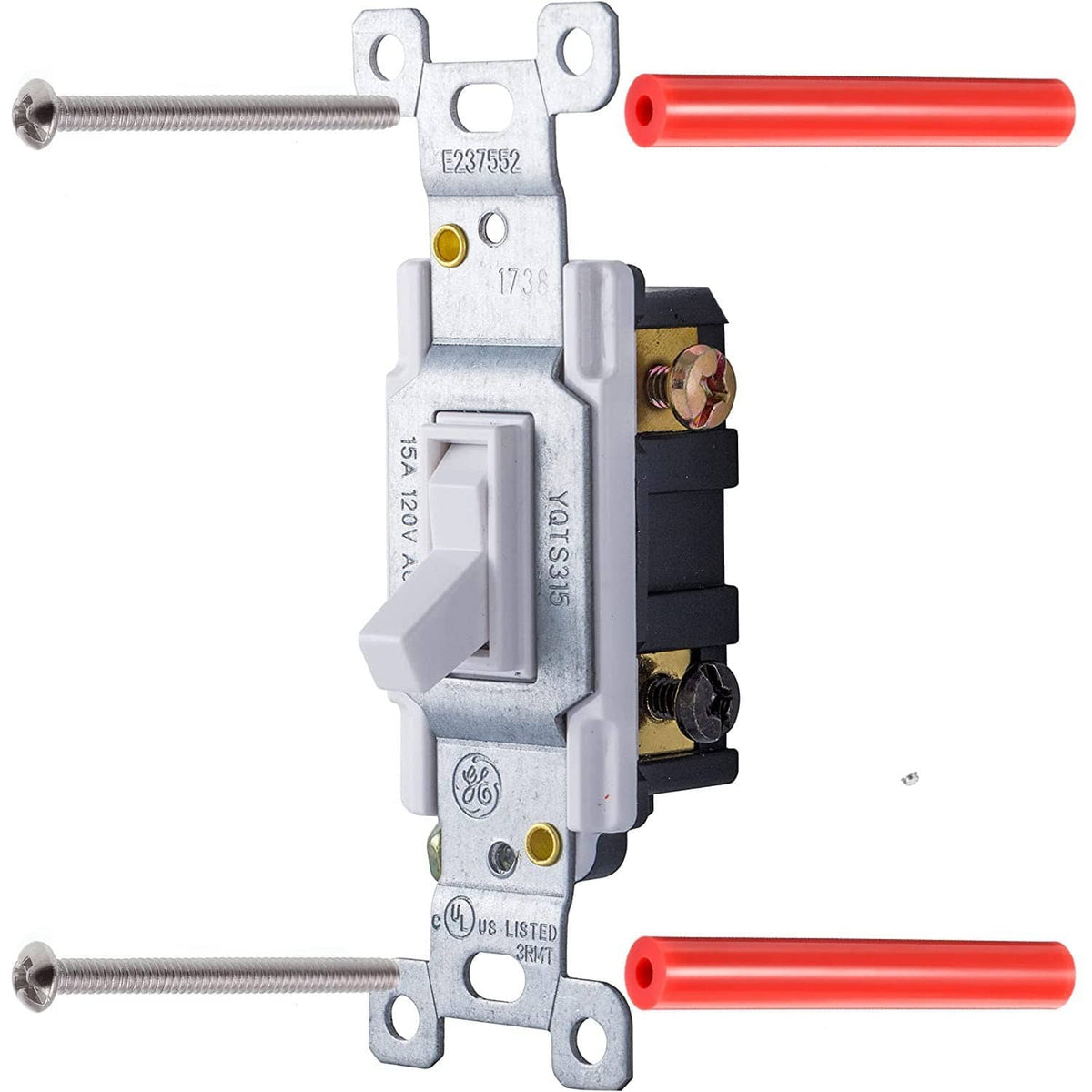 Electrical outlet extender bracket with red spacer tubes and long mounting screws