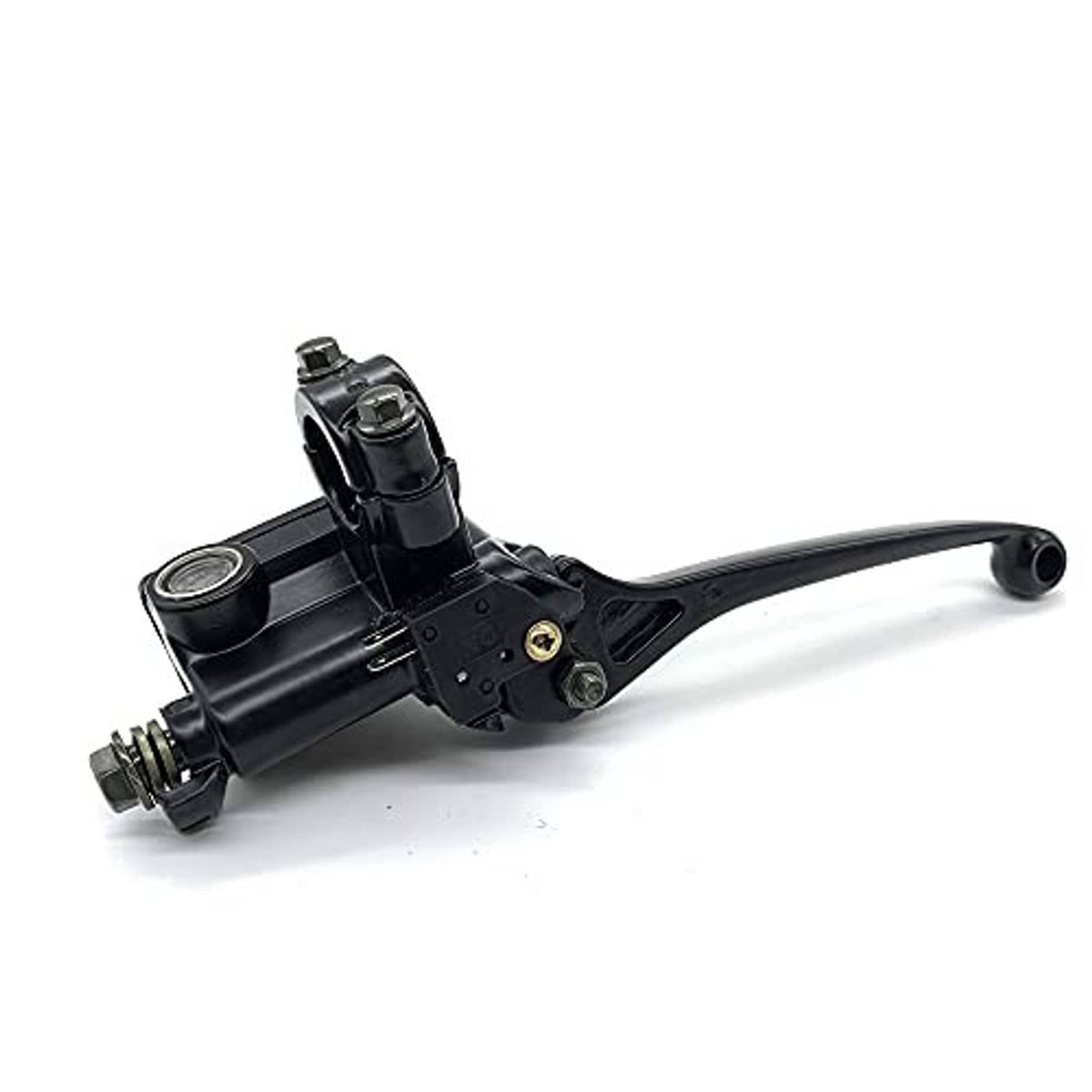 Right-hand motorcycle brake master cylinder with lever and clamp mount, front-side view