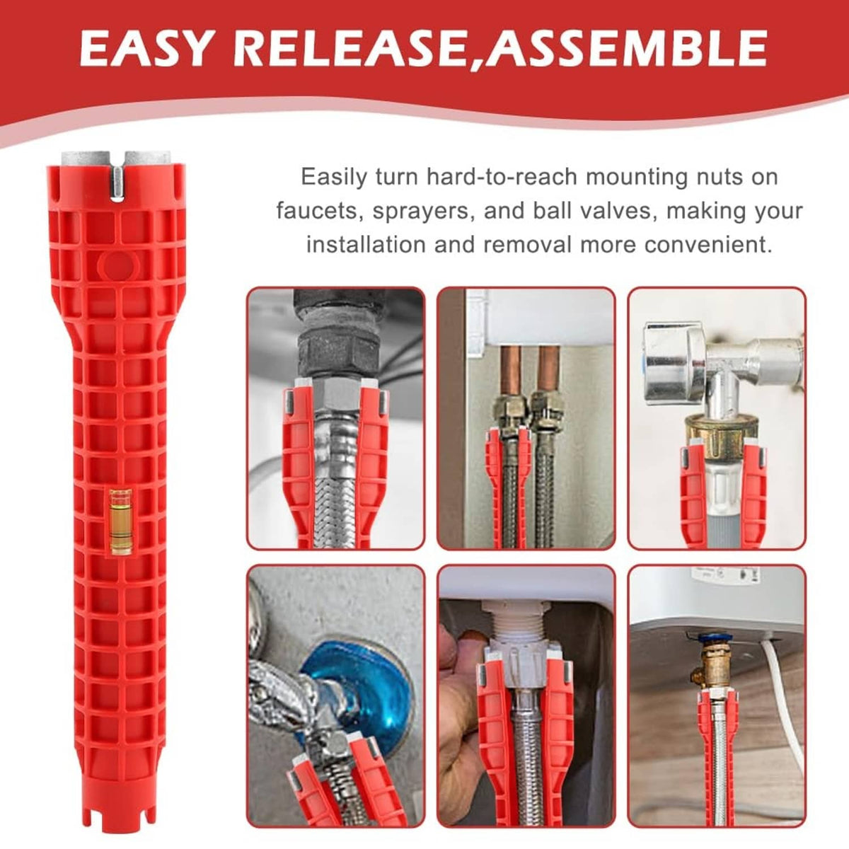 Red sink wrench for hard-to-reach mounting nuts with easy release and removable design
