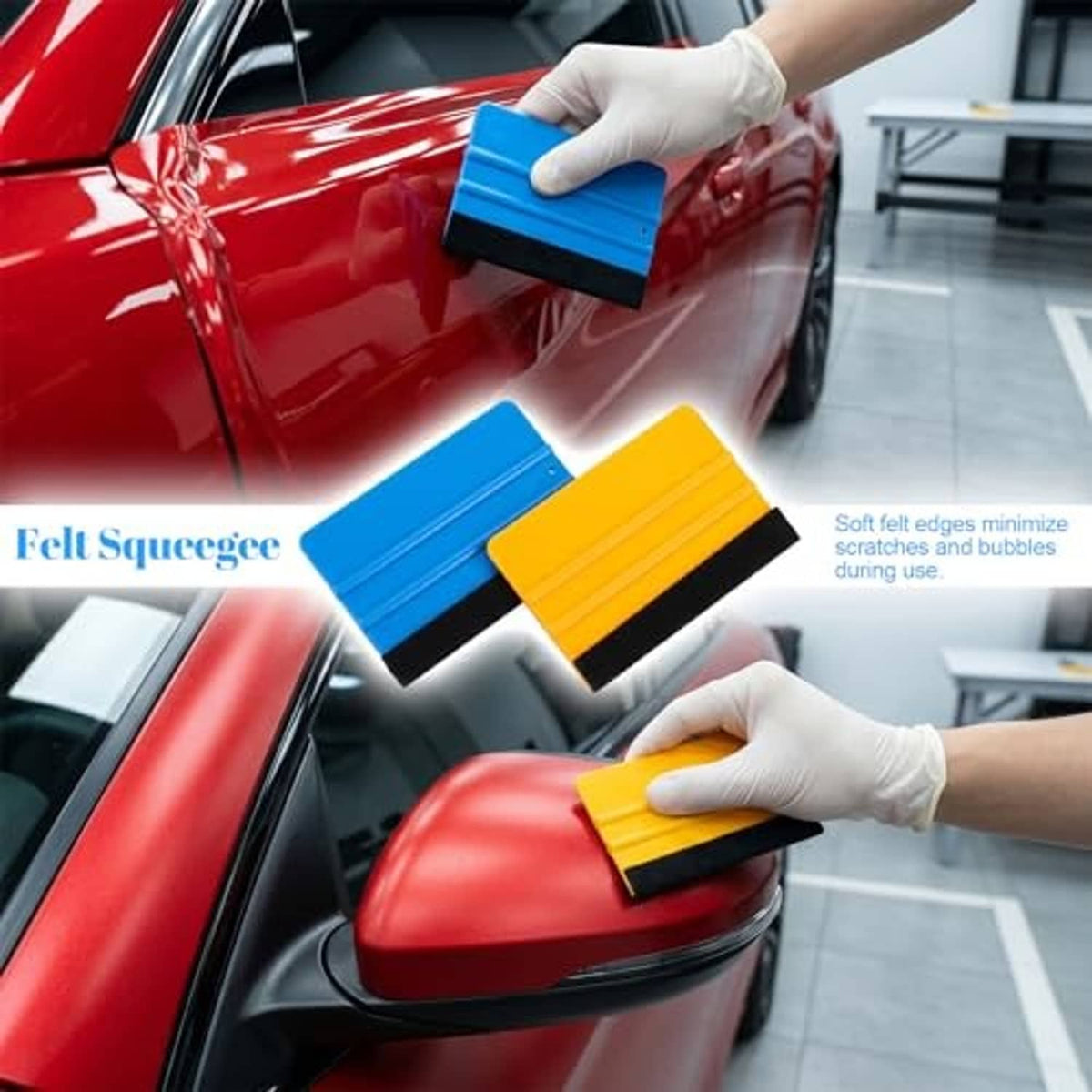 Blue and yellow felt squeegees with black edge for car window film use