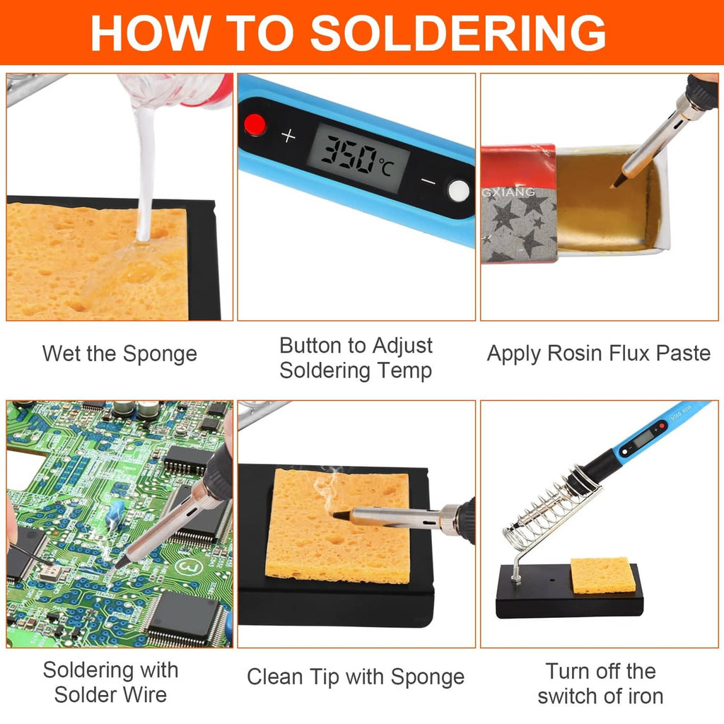 Soldering kit with soldering iron, sponge cleaning pad, and rosin flux