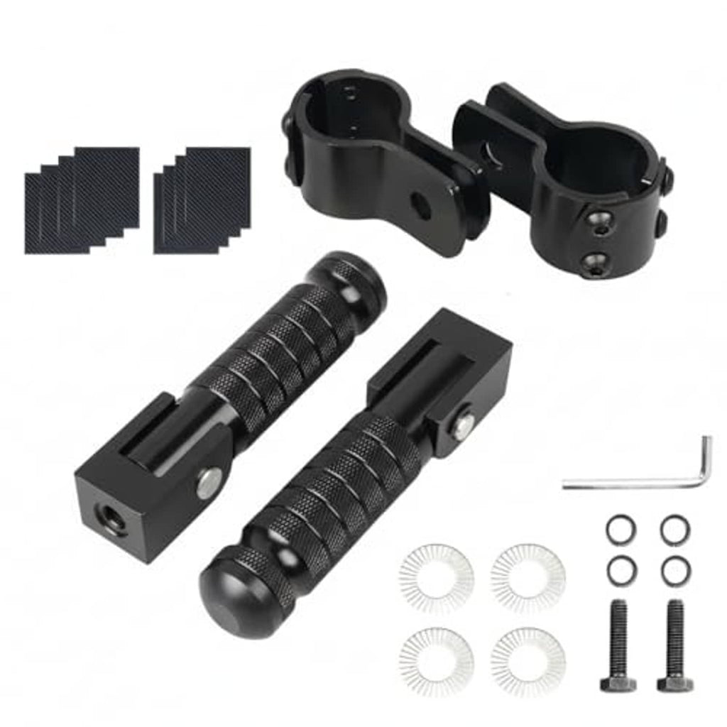 Pair of black motorcycle foot pegs, foldable 90-degree brackets and rubber grips