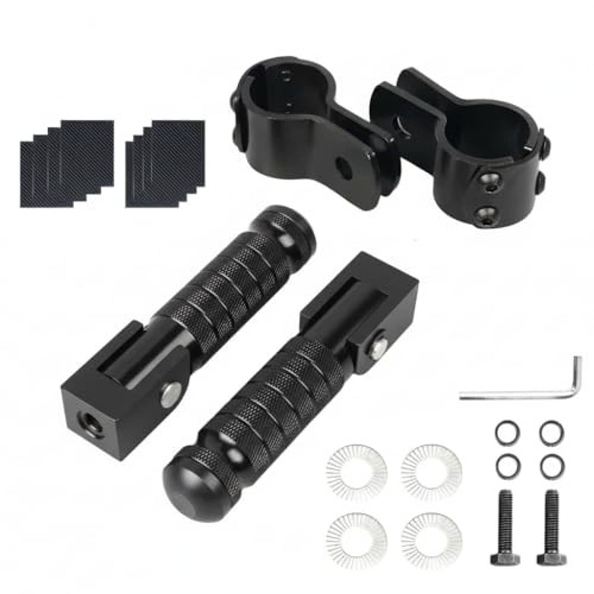 Pair of black motorcycle foot pegs, foldable 90-degree brackets and rubber grips