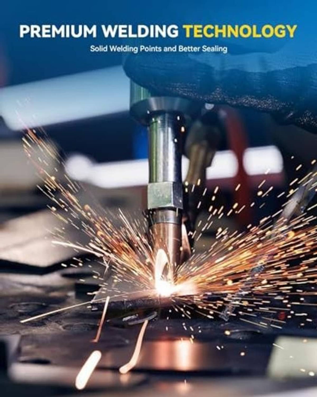 Premium welding point on stainless exhaust components shown with sparks