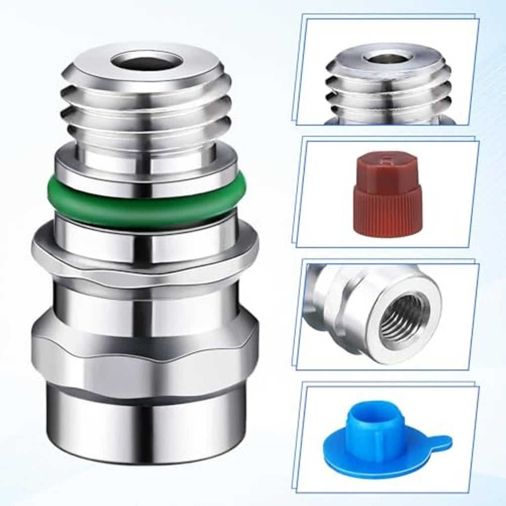 Car A/C valve core parts set with green o-ring, red cap, blue o-ring, and threaded piece