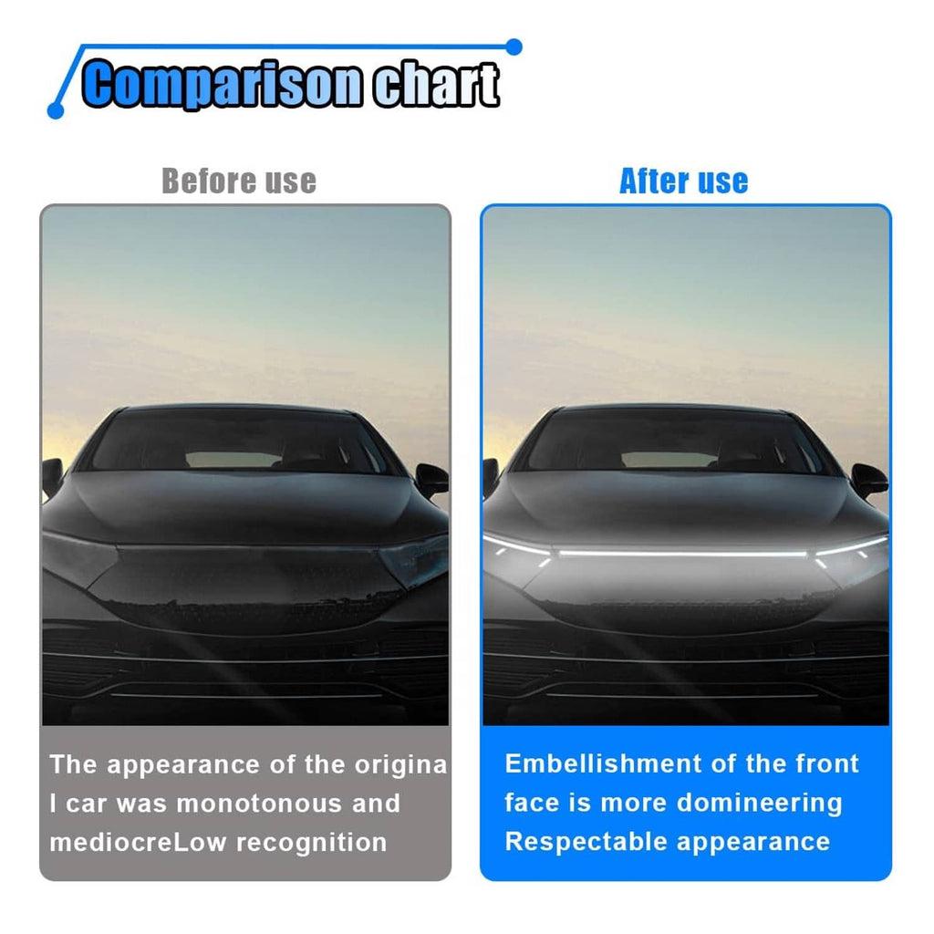 White LED hood lights on car face for enhanced front visibility