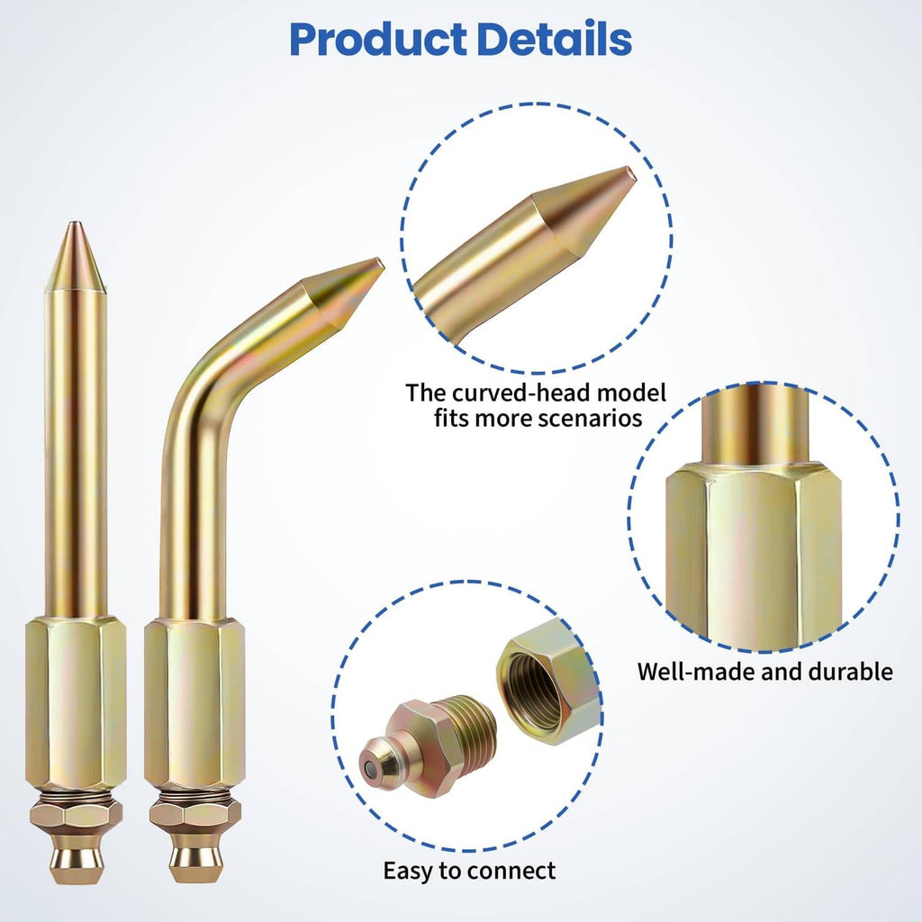Grease gun needle tip kit with curved gold head nozzles and threaded connectors